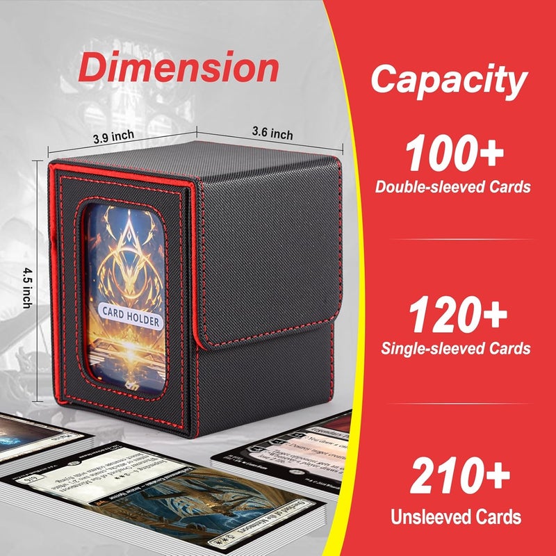 Stepane MTG Deck Box, Double Display Window MTG, Commander Deck Box Fits 120+ Single Sleeved Cards, PU Leather Magnetic Closure Card Box with 2 Dividers&2 Toploaders for TCG, CCG, Black/Red - Image 3